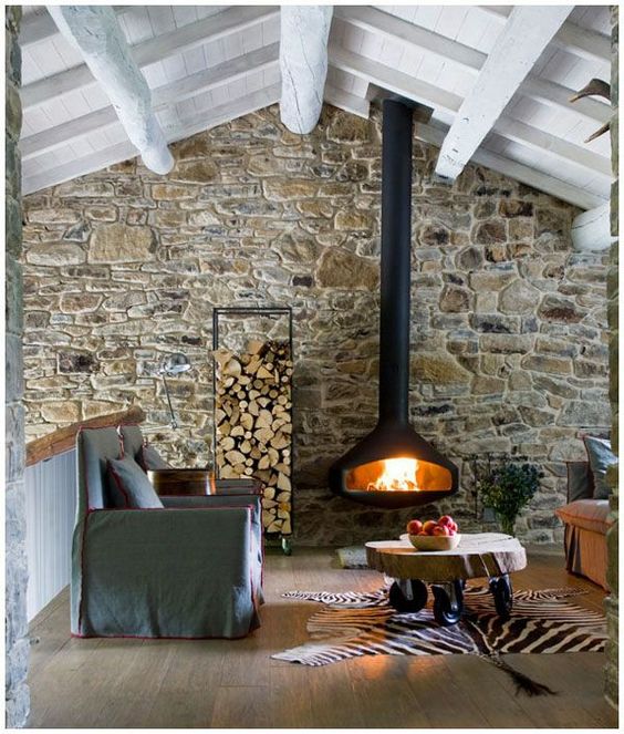 Salones con pared de piedra y chimenea