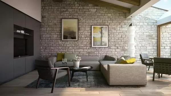 Salones modernos con pared de piedra